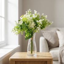 gjenstander Dekorativ kunstig blomsterbukett, grønn og hvit, 36 cm lang, kunstig blomsterdekorasjon til bord, vase og vinduskarm, eukalyptus og blomster