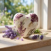 gjenstander Hjerteformet keramisk dekorasjon, lavendel vintage steintøy, 10,5 cm