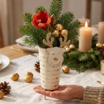 gjenstander Reinsdyrplantekrukke, adventsdekor, metalldekor, plantekasse til jul hvit, gylden H28cm Ø8,5cm