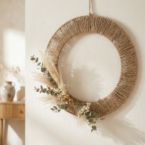 gjenstander Sommerveggdekorasjon, bohemsk stil, jute og metall, Ø49 cm, hengende dekorasjon, tørket blomsterkrans, vintagestil