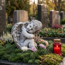 gjenstander Englesittende dekorativ figurgravdekor grå polyresin H18cm