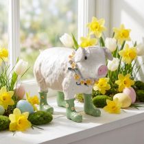 gjenstander Dekorativ gris med gummistøvler – Morsom gårdsfigur med blomsterkrans 15,5 cm