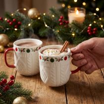 gjenstander Keramisk julekopp med strikkemønster og festlig dekor 9cm - rød-hvit 2stk