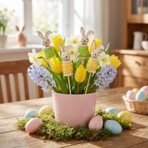 gjenstander Påskeblomstplugger av tre Påskehare Grønn Gul L32cm 8 stk