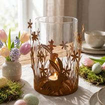 gjenstander Lykt med kaniner, vårpynt, metalldekor med blomster, påskepatina Ø11,5cm H18cm