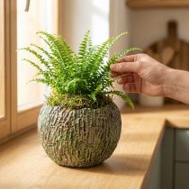 gjenstander Betongplantekasse, antikk utseende, grønn og brun, rund blomsterpotte, Ø15,5 cm