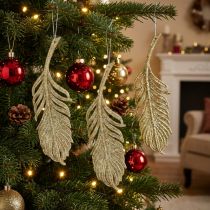 gjenstander Dekorative fjær, trepynt med glitter, adventsdekorasjoner, fjær til å henge gylden L22cm 12stk.