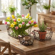 gjenstander Trådkurv, blomsterkasse, metall/tre, 16/14/11,5 cm, sett med 3.