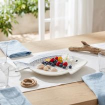 gjenstander Dekorativ tallerken fisk keramisk borddekor blå hvit 30×22cm