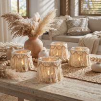 gjenstander Lantern Glass Frynser Makrame Cream Boho Ø9,5cm 4stk