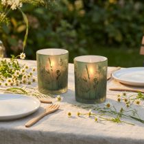 gjenstander Dekorativ glasslykt grønn hvit motiv eng H12,5cm 2 stk