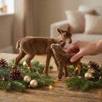 gjenstander Hjortdekorasjon brun flokket H9/5,5 cm hjort med fawn 4 sett / 8 stk