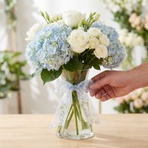 gjenstander Organzabånd med blomster, blått, dekorativt bånd, organzastoff, 40 mm bredt, 15 m langt