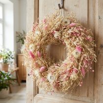 gjenstander Dekorativ krans, havrekrans, naturlig krans, stråblomster, rosa, Ø29 cm