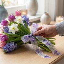 gjenstander Organzabånd, chiffonbånd, papegøyetulipaner, lilla, 40 mm, 18 m