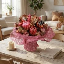 gjenstander Tørkede blomsterblandinger: Rosa protea, artisjokk, valmue, naturlig dekorasjon, 38 cm, 580 g