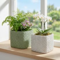 gjenstander Plantekar keramisk hvit grønn relieffnetting 17x17cm H15cm 2stk
