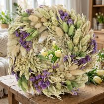 gjenstander Krans av tørkede blomster for vår og sommer, til bord og inngangsdør, til spesielle anledninger med fargede detaljer, 26 cm