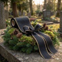 gjenstander Elegant moiré-kransbånd, 175 mm svart med perlekant og taftvev, dekorativt bånd til begravelsesblomsterdekorasjoner, sløyfebånd, 25 m