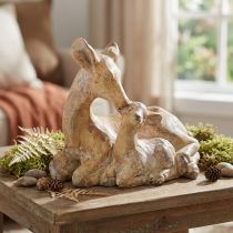 gjenstander Dekorativ figur hjort med fawn støpt stein brun hvit 20×11×17 cm