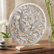 gjenstander Dekorativ ring metall trebunn sølv lotus koi dekorasjon Ø32cm