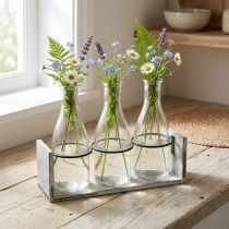 gjenstander Rustikk flaskesett i trestøtte - 3 glassflasker, gråhvit, 24x8x20 cm - Allsidig til dekorasjon