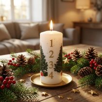 gjenstander Adventskalenderlys, julelys, hvitt, 150/65 mm, med tall og juletre