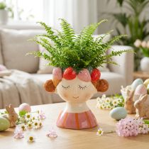 gjenstander Jenteansikt i en blomsterpotte med sovende jordbær, dekorasjon til stue, vår, 13 cm