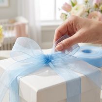 gjenstander Organza bånd gavebånd lyseblått bånd blå kant 25mm 50m