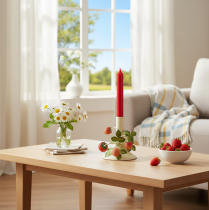 gjenstander Metalllysestake med jordbærdekorasjon, sommerkrem, H13 cm