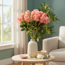 gjenstander Kunstige roseblomster i en bukett, lang stilk 62 cm, 12 stk.