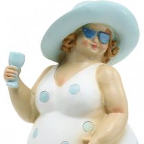 Dame med hatt, havpynt, sommer, badefigur blå/hvit H27cm