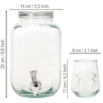 gjenstander Drikkedispenser i resirkulert glass med tappekran og 4 glass, H25,5 cm