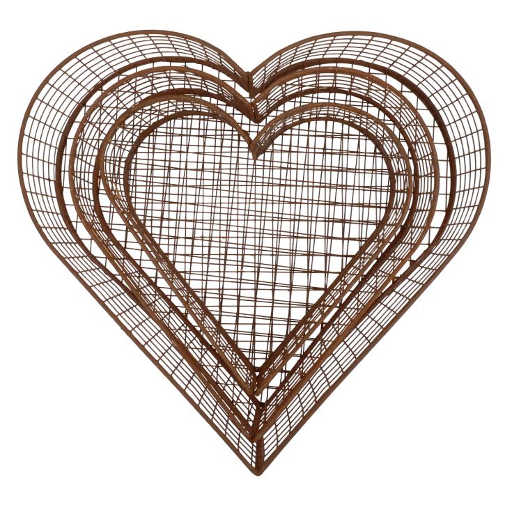 Planteskål metall hjerte netting kurv rust 20/24,5/30 sett med 3
