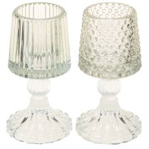 gjenstander Telysholder i glass med prikker og riller i basen, H15 cm, 2 stk.