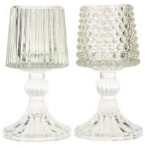 gjenstander Telysholder i glass med prikker og riller i basen, H15 cm, 2 stk.