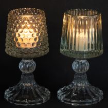 gjenstander Telysholder i glass med prikker og riller i basen, H15 cm, 2 stk.