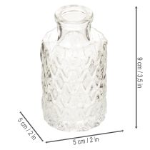 gjenstander Mini glassvase med diamantmønster, liten bordvase, flaske, gjennomsiktig, 9 cm, 6 stk.