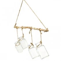 gjenstander Vindusdekorasjon i tre med hengende glassvaser til blomsterarrangementer