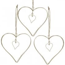 Dekorativt hjerte for oppheng, opphengende dekorasjon metallhjerte gylden 6 stk