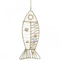 Maritim fiskedekorasjon med flettverk og skjell, dekorasjon henger fisk form natur 38cm