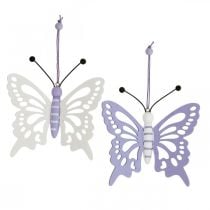 Hengende dekorasjon deco sommerfugler tre lilla/hvit 12×11cm 4stk