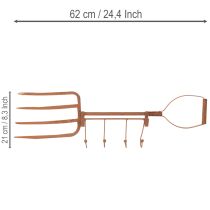 gjenstander Rusten metallkrokskinne, dekorativ høygaffel, hagedekorasjon, 4 kroker, 62 cm