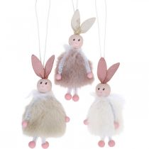 Kaniner, påskepynt, vårheng, påskeharer til å henge beige, rosa, hvit H12,5cm 3stk