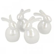 Dekorativ kanin, påskepynt, keramisk påskehare hvit, perlemor H9,5 cm 4 stk.