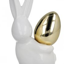 Kaniner med gullegg, keramiske kaniner til påske edelhvit, gylden H13cm 2stk