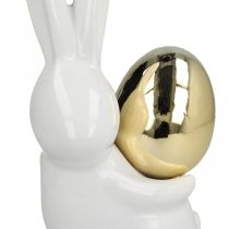 Påskeharer elegante, keramiske kaniner med gullegg, påskepynt hvit, gylden H18cm 2stk