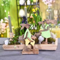 gjenstander Kaninmor med barn, påskepynt, vår, påskehare laget av tre, naturlig, grønn, gul H22cm
