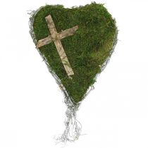 Gravdekorasjon hjerte vinstokker, mose med kors for gravordning 30 × 20cm