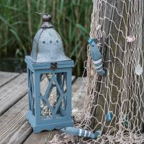 Trelykt med metalldekor, dekorativ lanterne til oppheng, hagedekor blå-sølv H51cm
